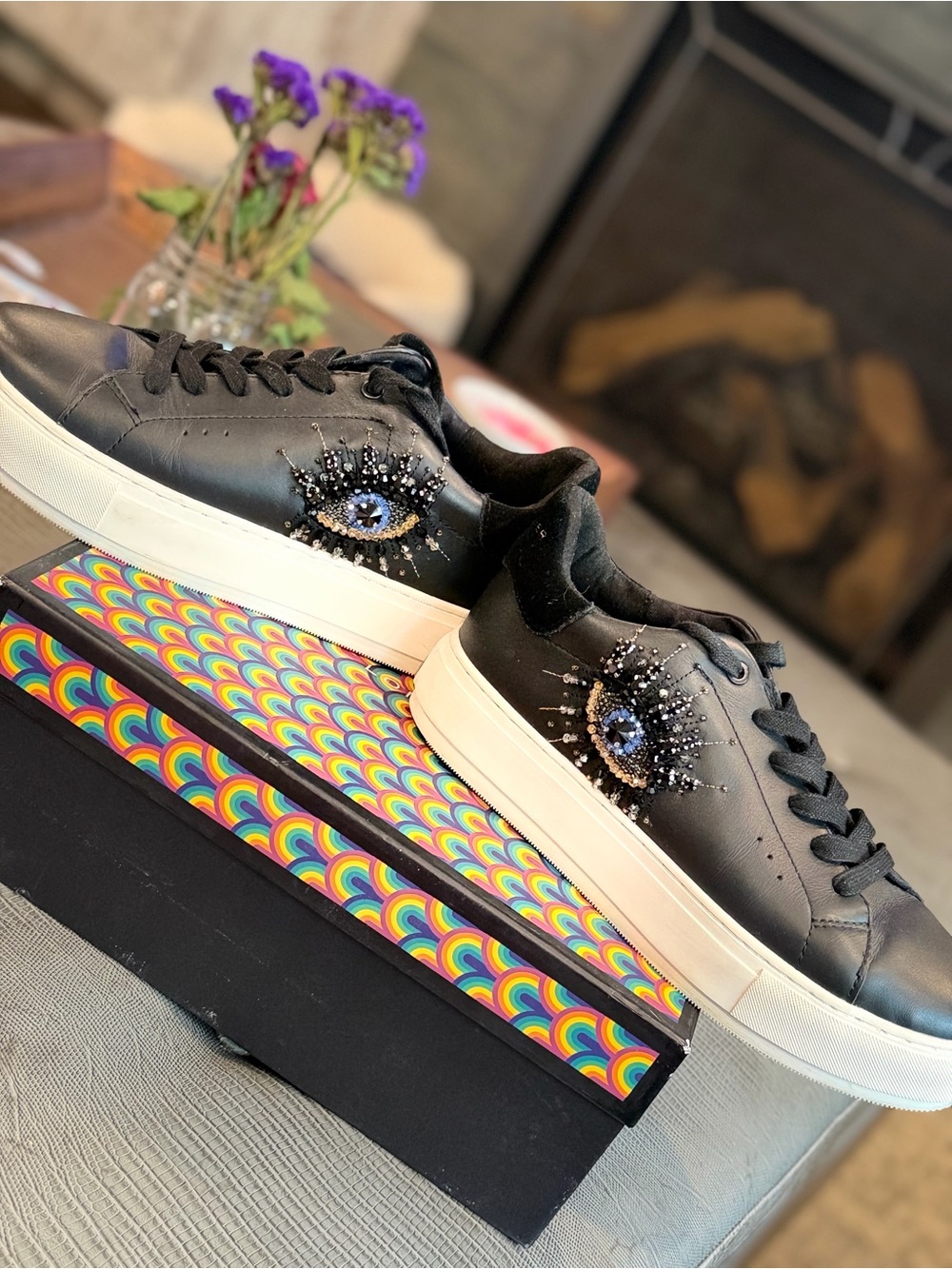 Kurt Geiger Black Leather Embellished Sneakers - Platform Sole Size 8.5